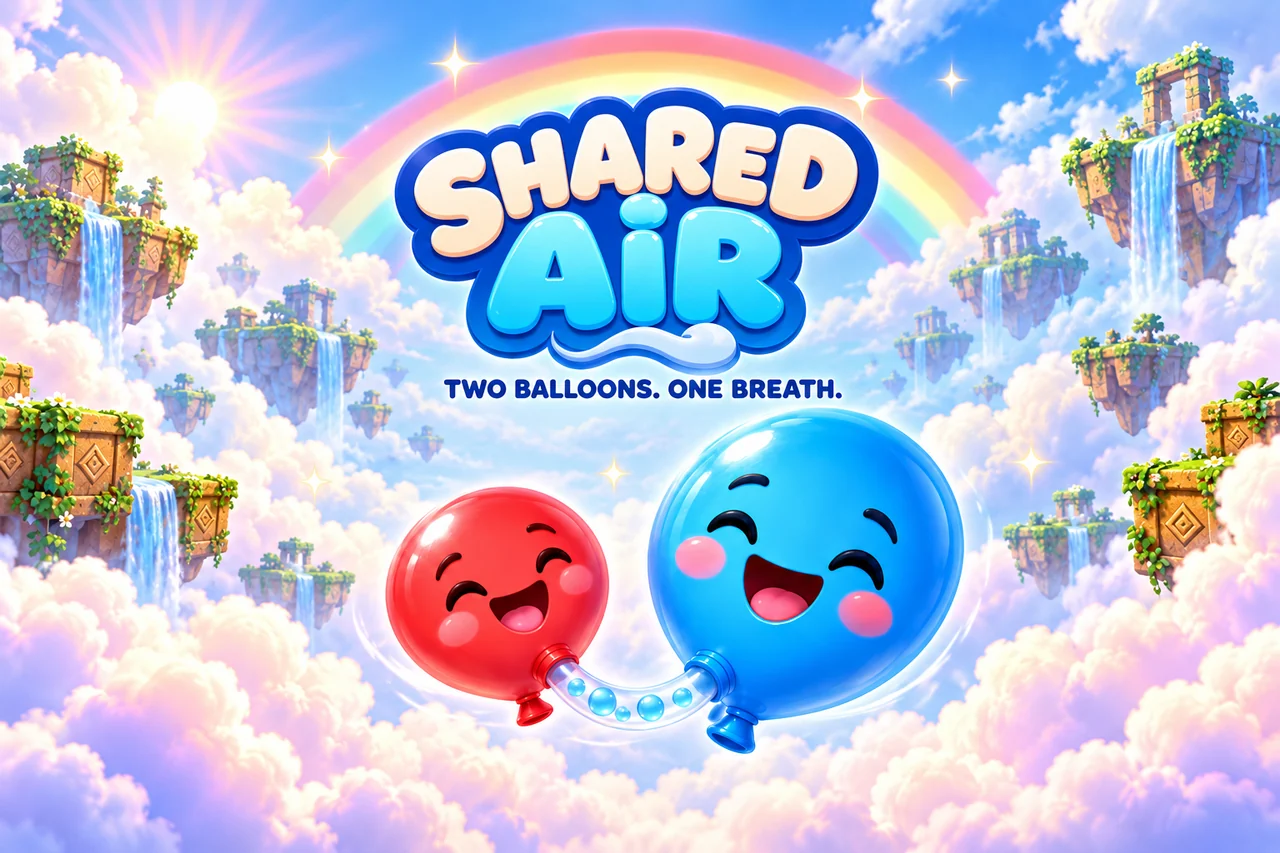 Shared Air artwork: linked red and blue balloons beneath the title and a rainbow