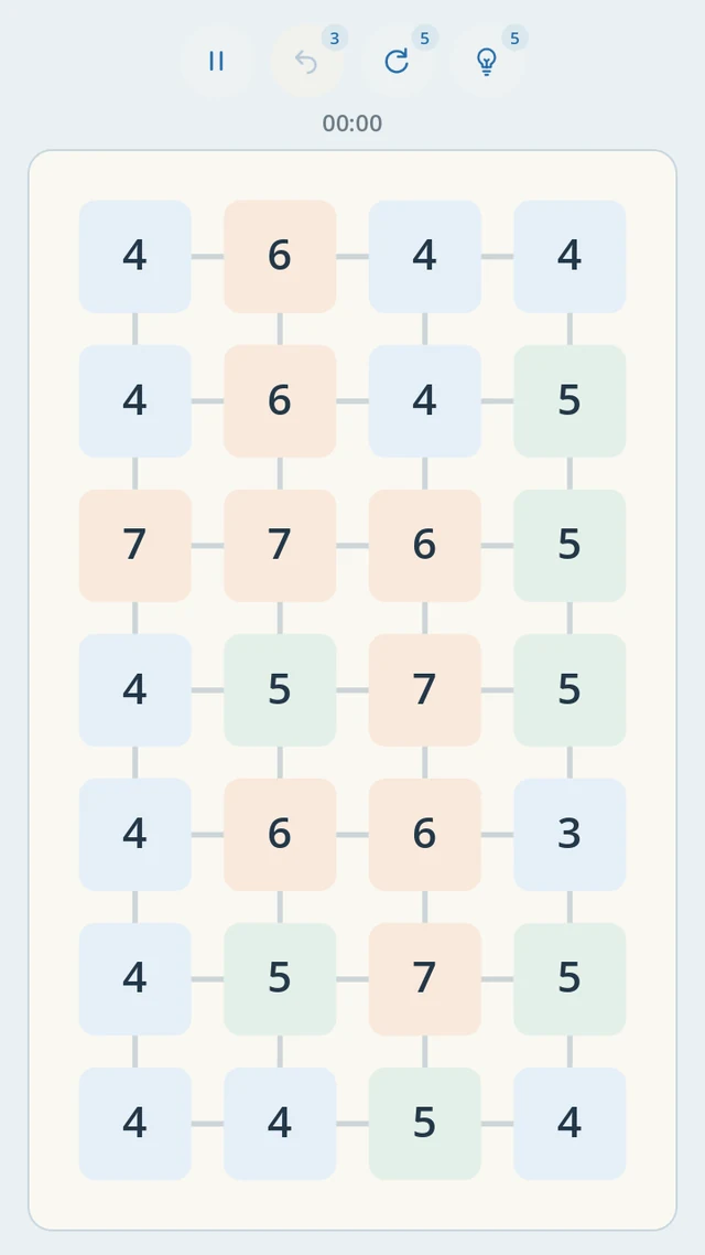 SumBridge development gameplay: a rectangular board of numbered tiles connected by bridges