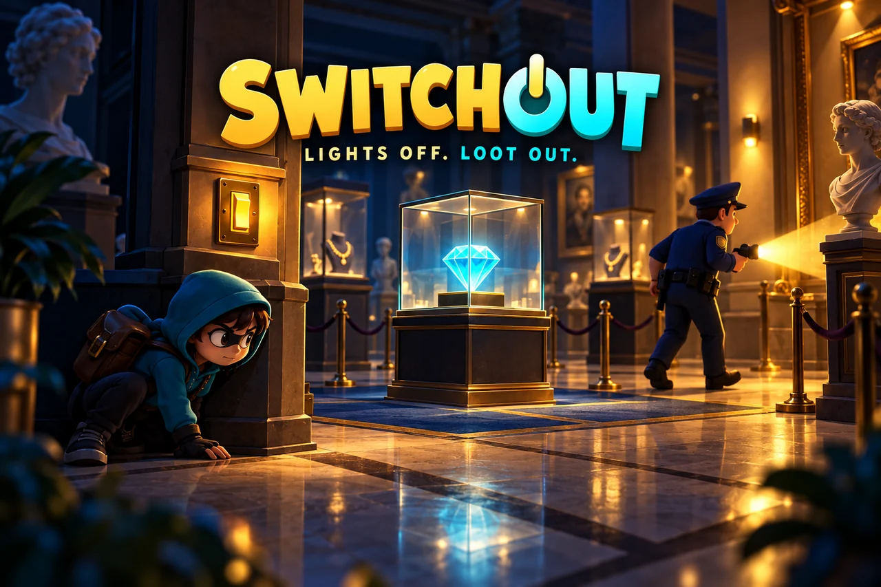 SwitchOut landscape concept artwork: a thief beside a light switch, a cyan diamond, and a guard with a flashlight